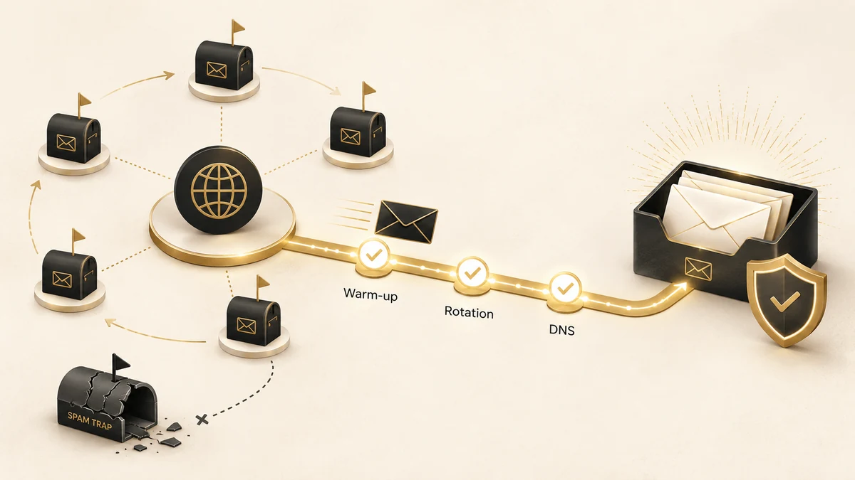 Cold email deliverability path showing mailbox rotation, warm-up, DNS checks, spam-trap avoidance, and protected inbox placement.