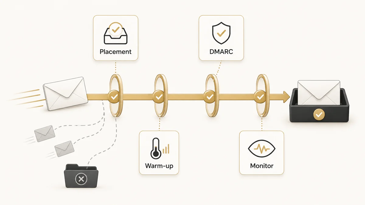 Email deliverability workflow showing placement, warm-up, DMARC, and monitoring checkpoints before emails reach the inbox