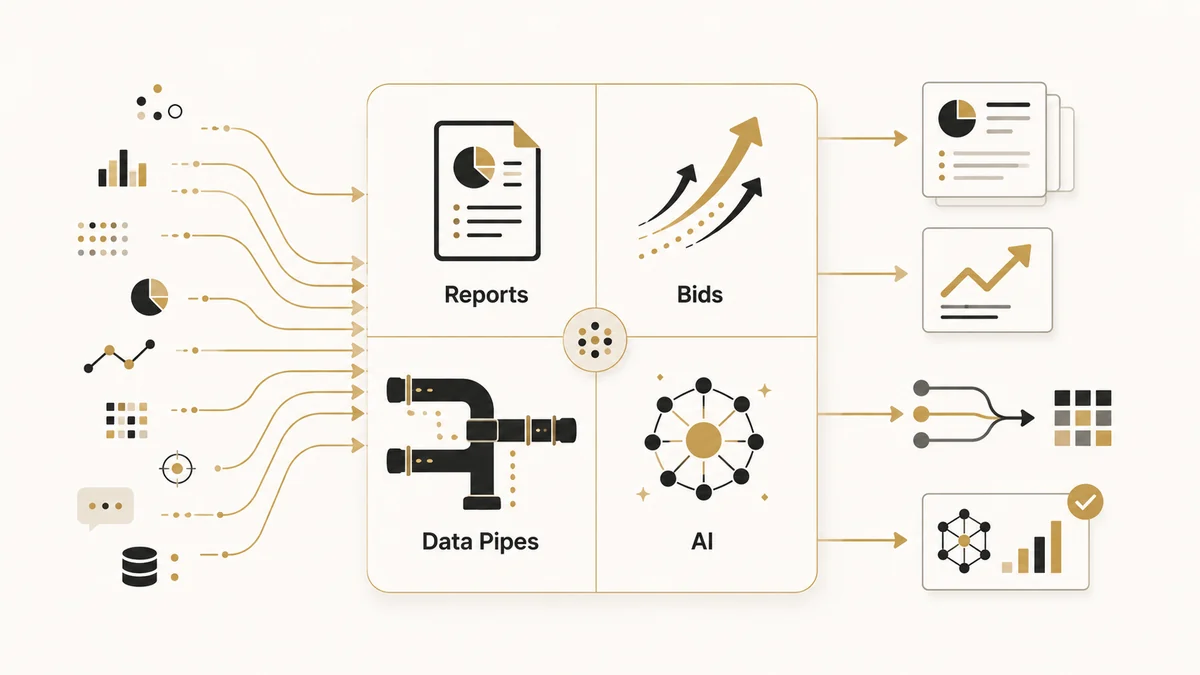 PPC reporting and bid management tools sorted into reporting, bids, data pipes, and AI categories
