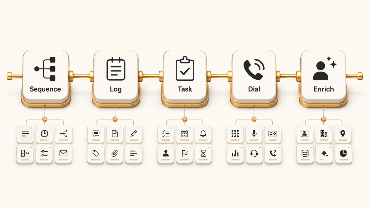B2B sales automation workflow showing sequence, logging, task creation, dialing, and enrichment steps for sales reps