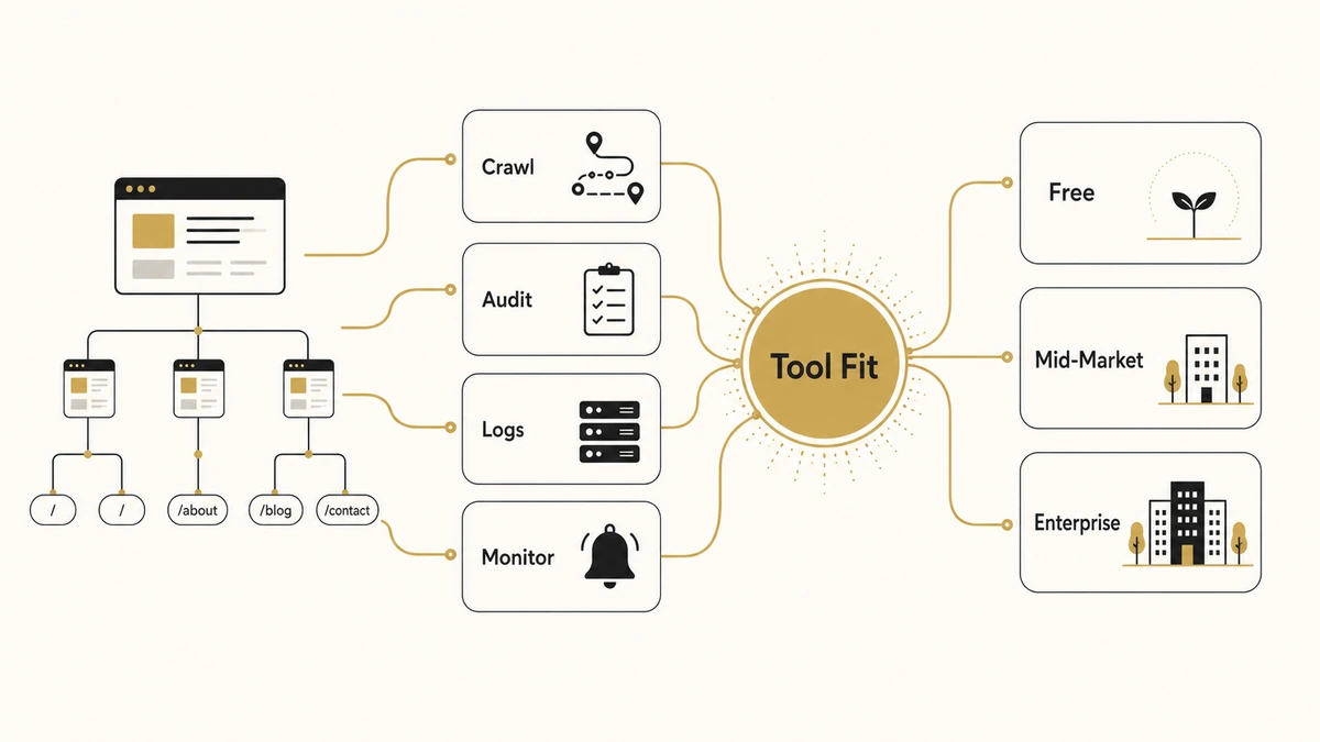 Technical SEO tool fit diagram showing website crawl, audit, log, and monitoring workflows connected to free, mid-market, and enterprise tool tiers