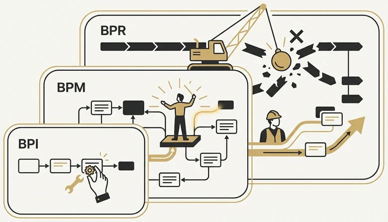 BPI, BPM, and BPR compared as different levels of business process improvement