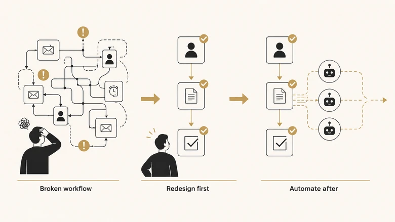 Business process improvement workflow showing redesign before automation