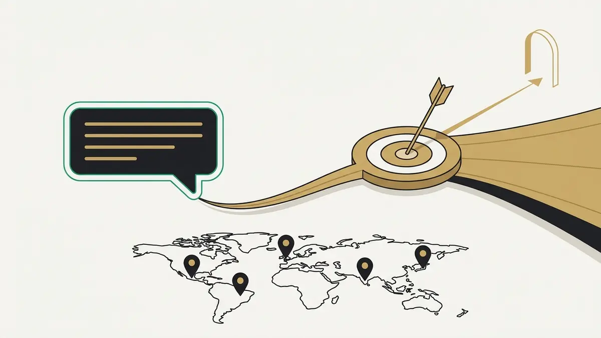 Flat editorial illustration of a ChatGPT chat bubble opening into a gold corridor toward an attribution dartboard, with five pin markers on a minimalist world map showing the United Kingdom, Mexico, Japan, Brazil, and South Korea — the OpenAI ChatGPT Ads Manager May 2026 expansion and Conversions API launch for B2B advertisers.