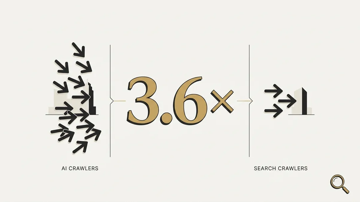 Comparison graphic showing AI crawlers on the left with a dense cluster of arrows converging on a building, the number 3.6x in gold in the center, and search crawlers on the right with fewer arrows, illustrating that AI crawlers made 3.6 times more requests than traditional search crawlers in a January–March 2026 study.