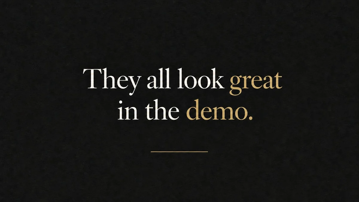 Editorial cover with the headline They all look great in the demo, the words great and demo emphasized in muted gold serif type