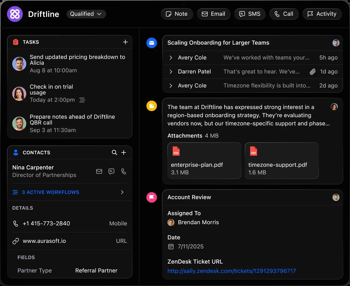 Close CRM contact activity view showing calls tasks email and power dialer workflow