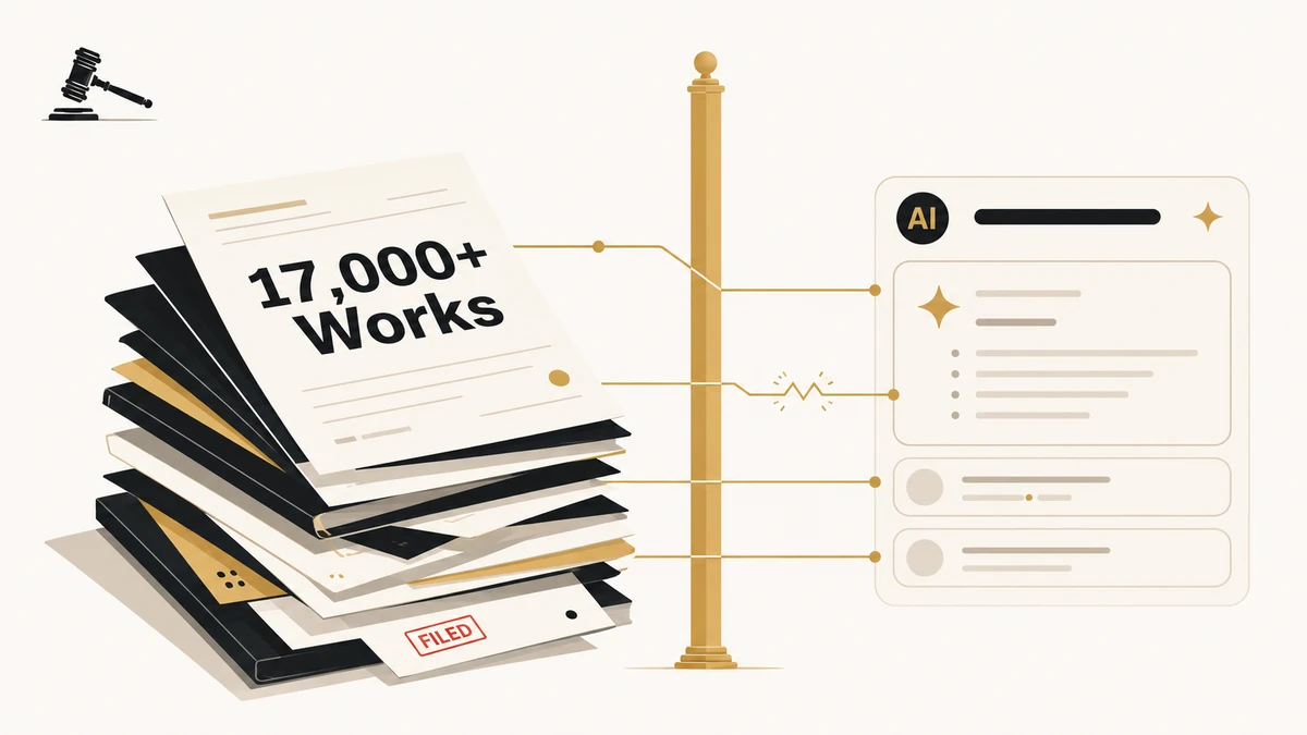 Legal document stack marked “17,000+ Works” beside an AI answer panel, symbolizing CNN’s lawsuit against Perplexity.