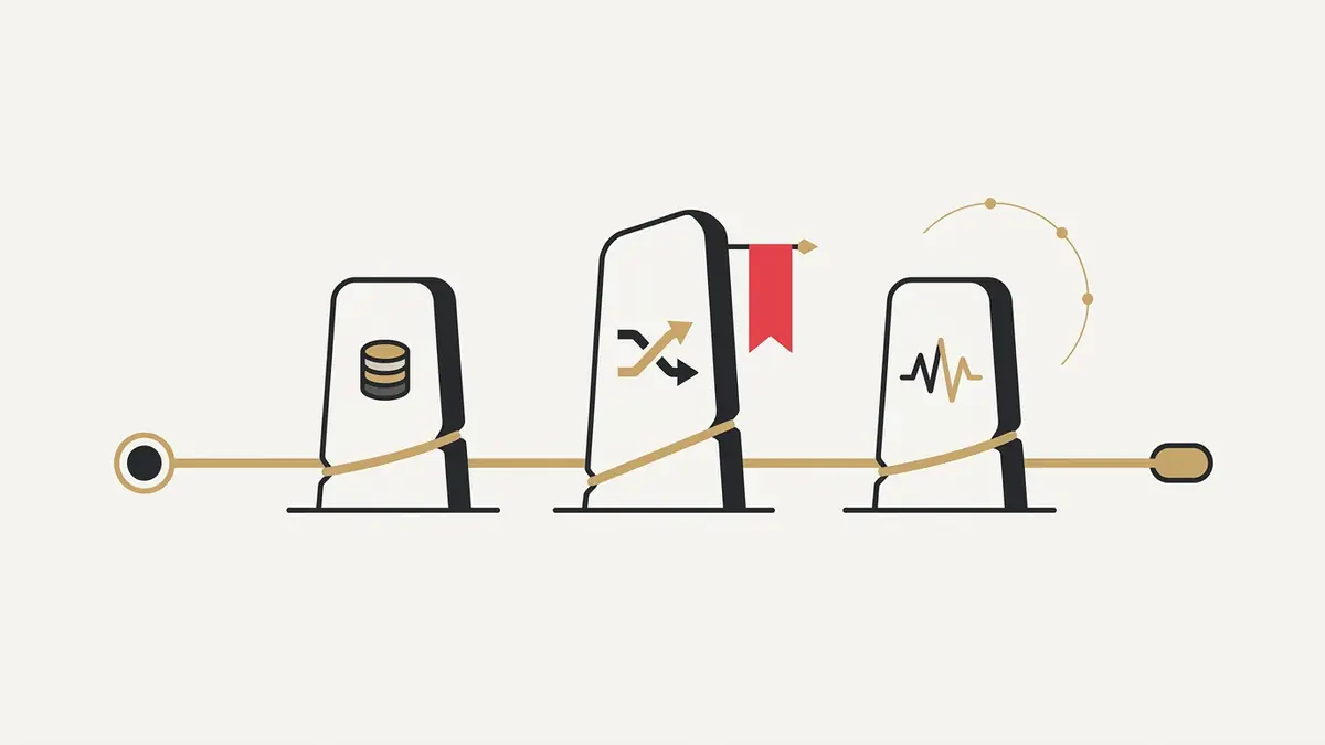 Flat editorial illustration of a single continuous gold thread of conversation passing through three minimalist standing-stone forms marked Memory, Orchestrator, and Intelligence, with the Twilio wordmark inset on the center stone — the visual argument for Twilio's new agentic conversation layer announced at SIGNAL 2026.