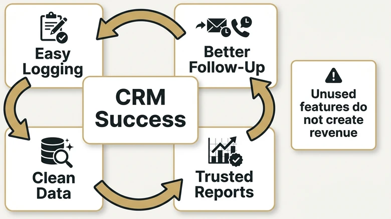 CRM adoption loop showing easy logging clean data trusted reports and better sales behavior