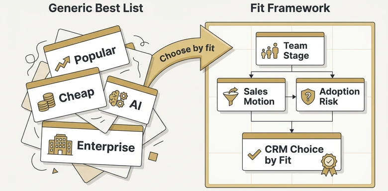 CRM software examples comparison showing generic best lists versus fit based CRM decision framework