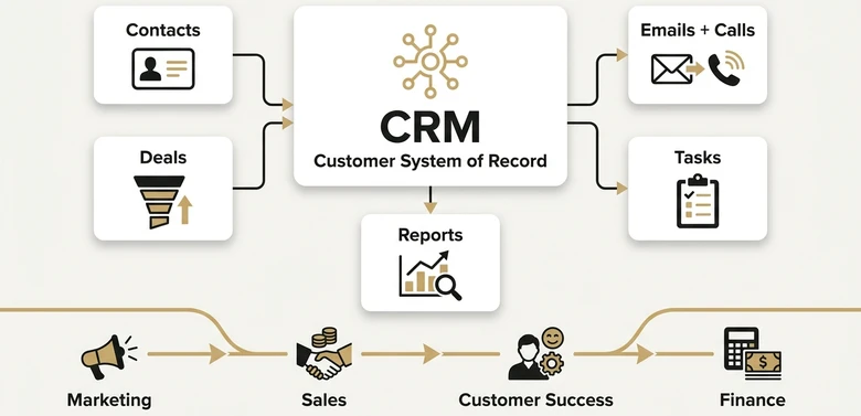 CRM operating layer centralizing customer data sales interactions workflows reporting and revenue handoffs