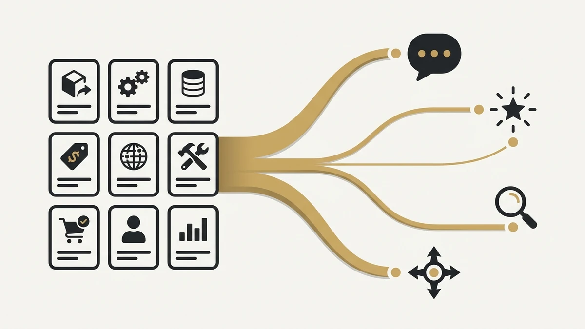 Grid of business system icons (products, settings, data, pricing, web, tools, cart, user, analytics) merging into branching paths that lead to outcomes like messaging, insights, search, and navigation