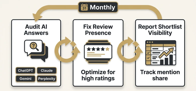 AI visibility audit loop showing chatbot category checks review improvement and monthly shortlist reporting