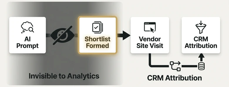 B2B attribution gap showing AI shortlist formation happening before website visit and marketing analytics tracking