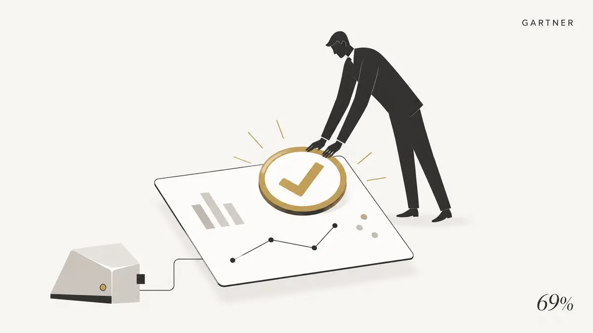 Editorial illustration of a charcoal human sales-rep silhouette pressing a gold verified seal onto a floating AI-generated insight document, illustrating the 69 percent of B2B buyers who still validate AI insights with a human, per Gartner's May 2026 survey.