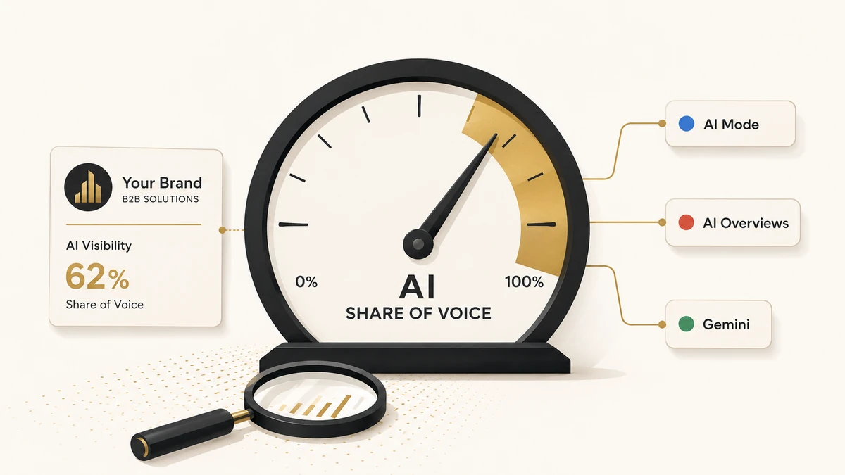 AI Share of Voice gauge connected to AI Mode, AI Overviews, and Gemini, showing Google’s new AI visibility metric.