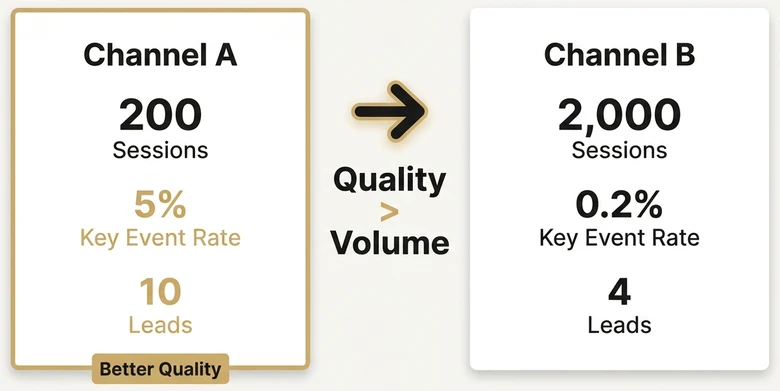 GA4 channel quality scorecard comparing low volume high conversion traffic against high volume low conversion traffic