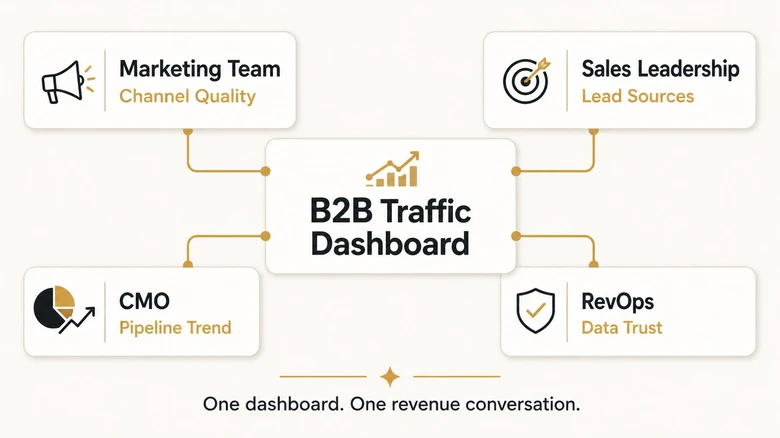 B2B GA4 dashboard ownership map showing marketing sales leadership and CMO using the same traffic and conversion metrics