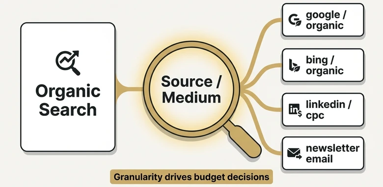 GA4 source medium lens showing broad default channels broken into granular B2B traffic sources