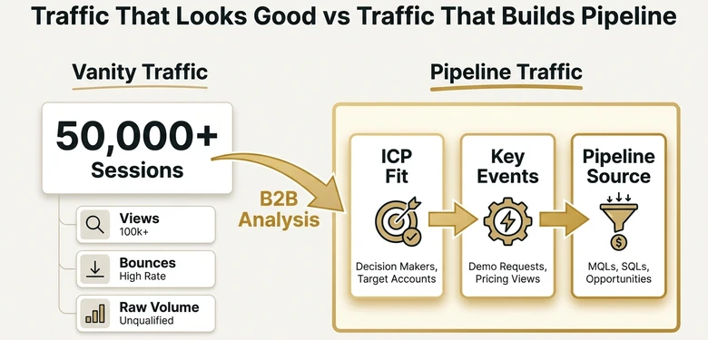 Google Analytics traffic comparison showing vanity sessions versus pipeline quality signals for B2B marketing