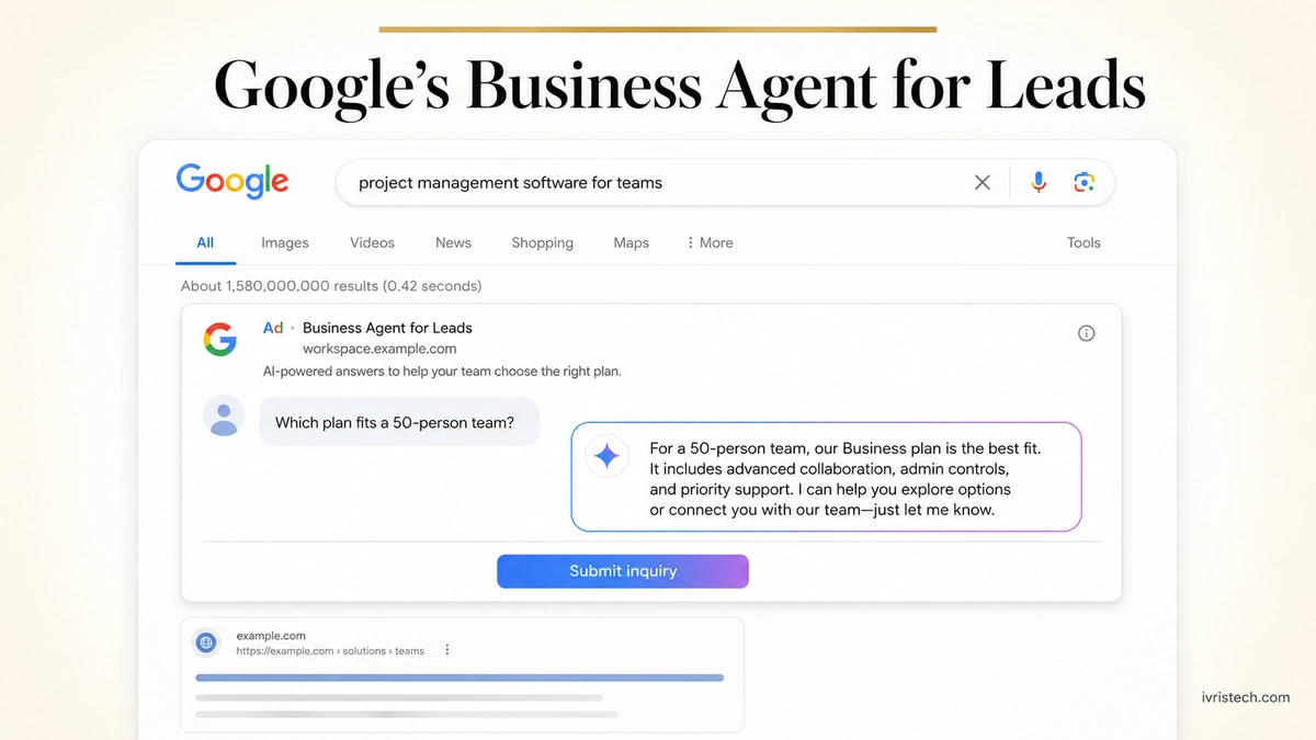Google Search ad mockup with a Gemini chat interface inside the ad unit, showing a prospect question and AI answer above a Submit inquiry button