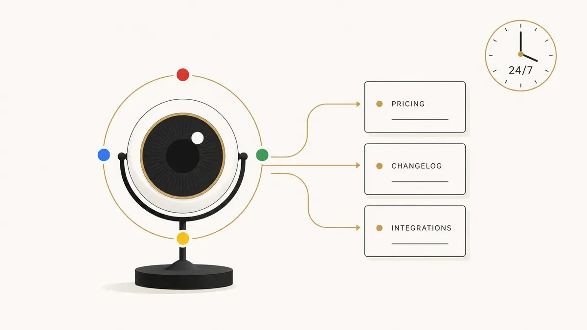 Editorial illustration of an always-on Google-colored monitoring agent watching a stack of B2B vendor pricing, changelog, and integration cards, illustrating Google I/O 2026 information agents launching inside AI Mode.