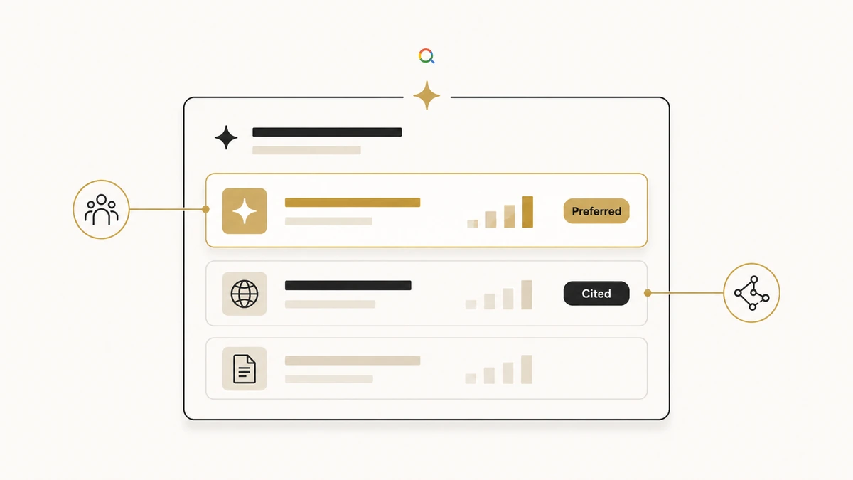 Google Preferred Sources and Highly Cited labels appearing inside an AI answer for B2B SEO visibility