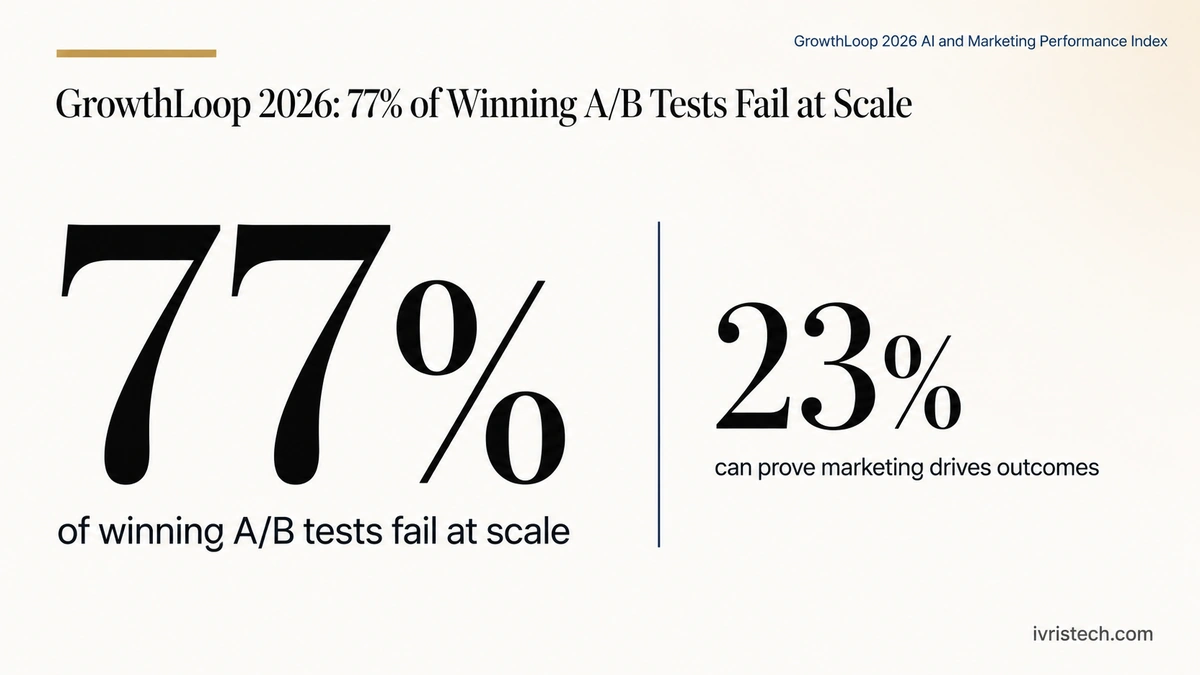Editorial data graphic for GrowthLoop’s 2026 AI and Marketing Performance Index showing 77% of winning A/B tests fail at scale and 23% of marketers can prove marketing drives outcomes.
