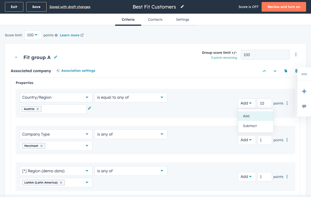 HubSpot lead scoring configuration screen with HIPAA-aware page allowlist for healthcare B2B marketing
