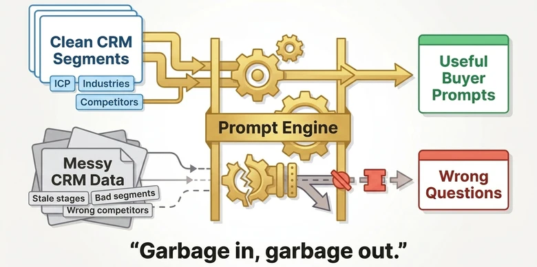 HubSpot AEO CRM prompt engine showing clean customer segments generating useful AI visibility prompts and messy CRM data generating wrong prompts