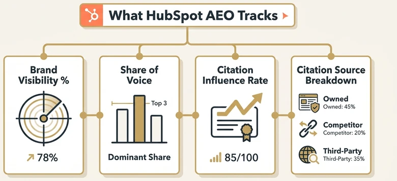 HubSpot AEO metrics stack showing brand visibility share of voice citation influence and citation source breakdown