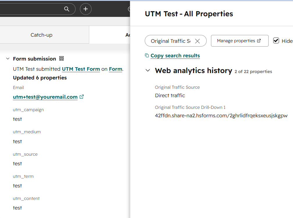 HubSpot contact record after a UTM Test form submission showing 5 utm_* properties populated with test values, alongside the Web Analytics History panel where Original Traffic Source reads Direct traffic — operator-managed UTM properties disagreeing with HubSpot's system-managed cookie-based source tracking