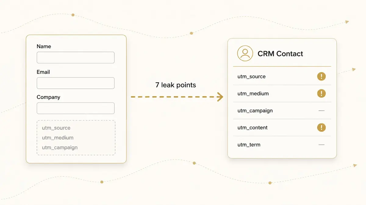 HubSpot form with hidden UTM fields on the left flowing to a CRM contact record on the right showing empty UTM properties — the form-capture leak