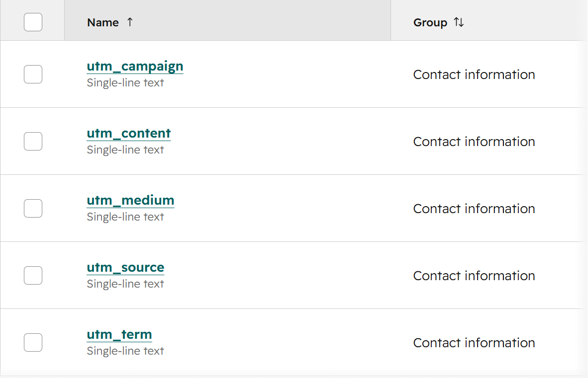 HubSpot Contact Properties Settings showing 5 UTM custom properties (utm_campaign, utm_content, utm_medium, utm_source, utm_term), each with lowercase internal names matching standard form hidden field conventions in the Contact information group