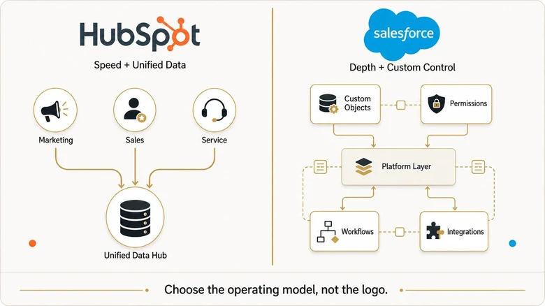 HubSpot versus Salesforce CRM philosophy comparison showing unified speed versus enterprise customization