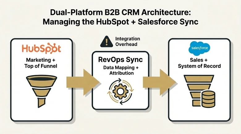 Dual platform CRM strategy showing HubSpot for marketing and top of funnel with Salesforce as sales system of record