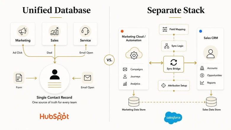 HubSpot unified marketing sales database versus Salesforce separate marketing and sales stack requiring sync