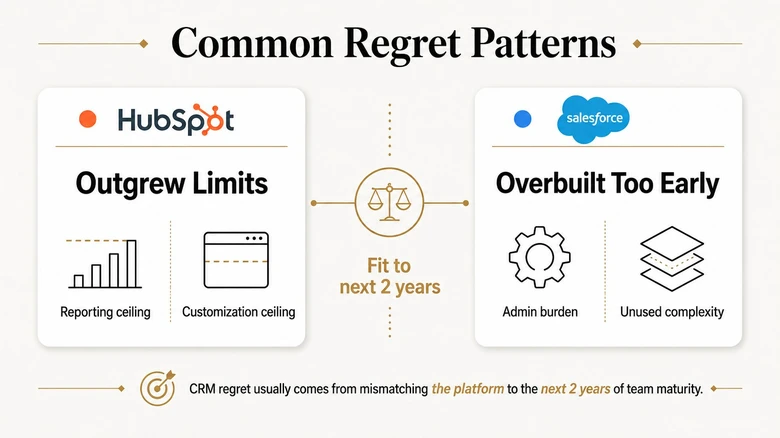 HubSpot and Salesforce regret patterns showing outgrowing limits versus overbuilding for unnecessary complexity