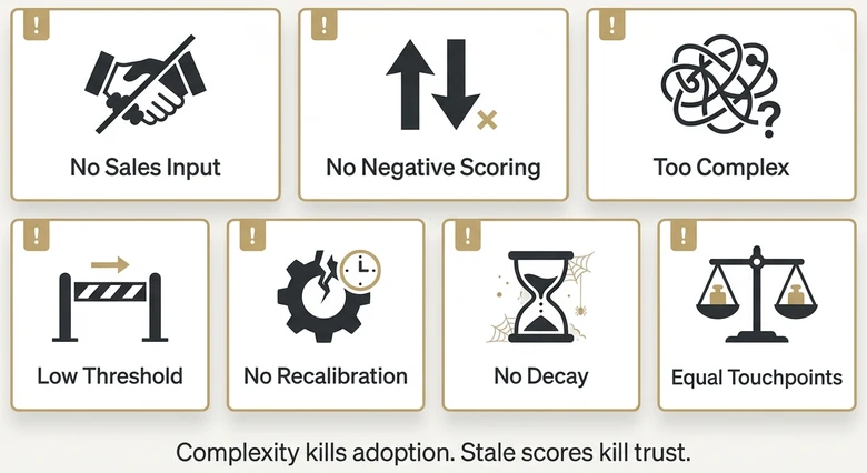 Common lead scoring mistakes including no sales input no negative scoring overcomplicated model low threshold no recalibration no decay and equal touchpoints