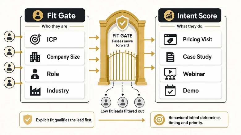 Lead scoring model showing explicit fit as the qualification gate and implicit intent as the engagement score