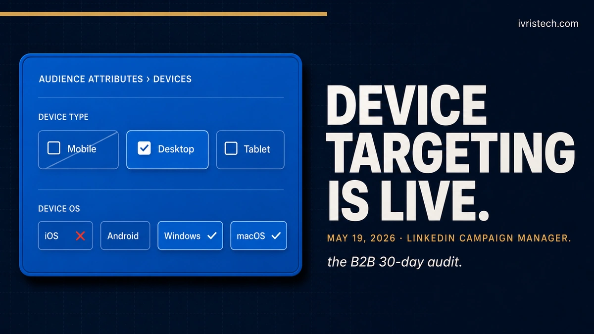 LinkedIn Campaign Manager Devices panel showing Mobile, Desktop, Tablet, and Device OS checkboxes for B2B advertiser device-type and operating-system targeting