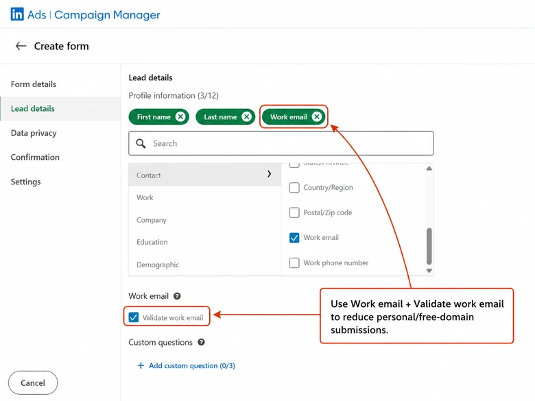 LinkedIn Lead Gen Form setup showing the pre-filled work email field that often returns a personal address