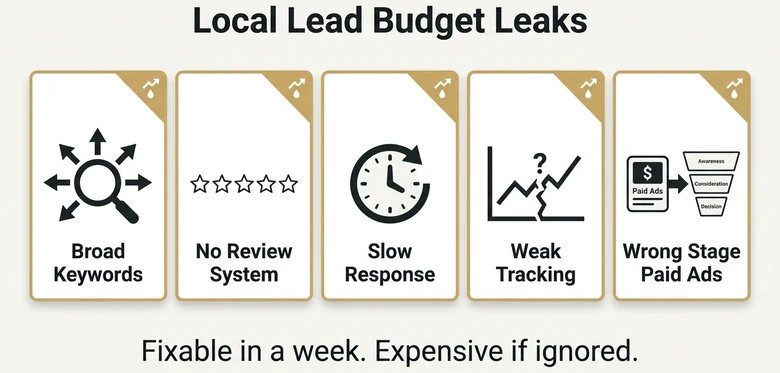 Local lead generation budget leaks showing broad keywords no reviews slow response weak tracking and wrong stage paid ads
