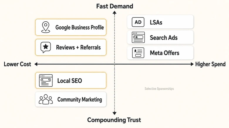 Local lead generation channel role matrix showing immediate demand scalable traffic trust building and low cost retention channels