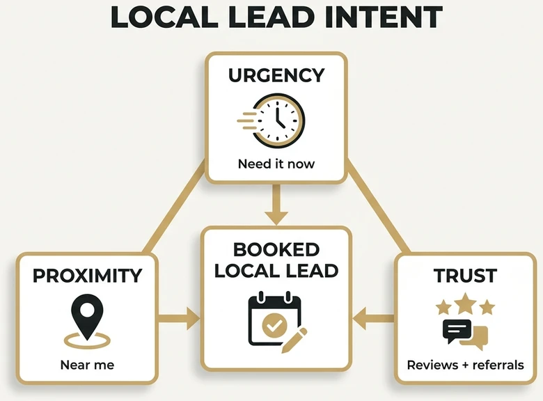 Local lead generation intent triangle showing urgency proximity and local trust signals