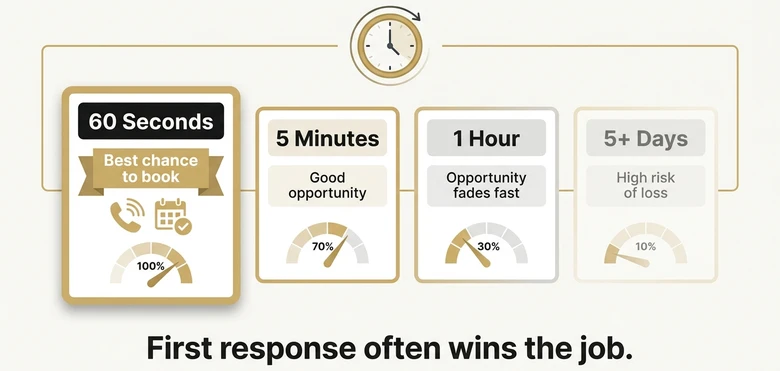 Local lead generation speed to lead clock showing 60 second response beating 5 minutes 1 hour and 5 day delays
