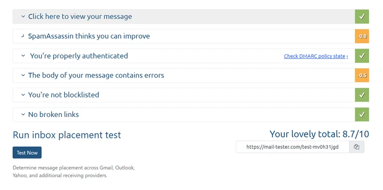 Mail-Tester deliverability score result showing 8.7 out of 10 with You're properly authenticated check and SpamAssassin plus body content score deductions for a cold email sending domain