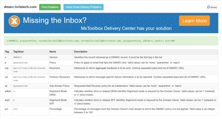 MxToolbox DMARC record lookup result for ivristech.com showing policy p=quarantine and rua=mailto reporting address for a verified cold email sending domain