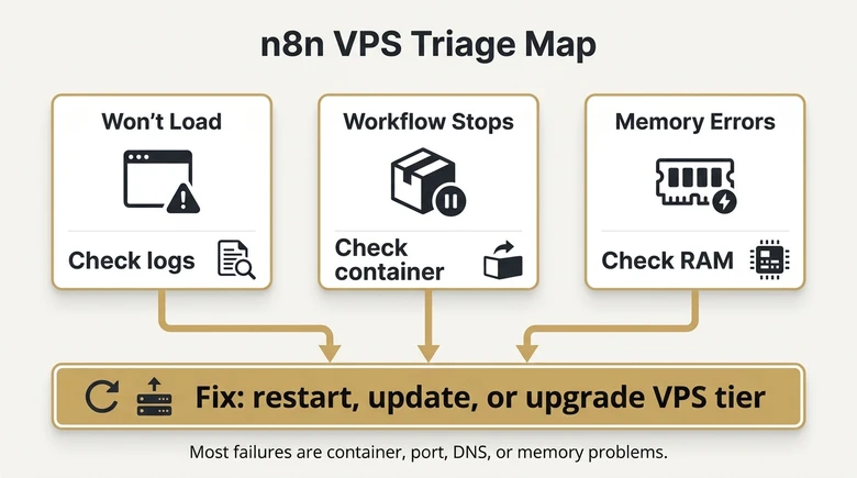 n8n self-hosting troubleshooting triage map for loading workflow and memory issues
